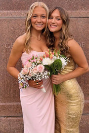 Pink Strapless Pleats Scoop Neck Satin Long Prom Dress with Slit