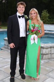 Green Double Straps Square Satin Formal Prom Dress with High Slit