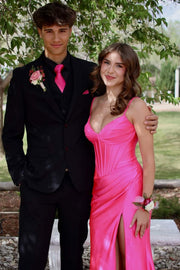 Spaghetti Straps Hot Pink V-Neck Pleats High Slit Long Prom Dress