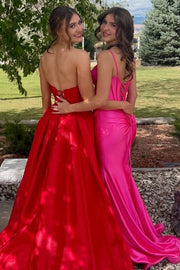 Spaghetti Straps Hot Pink V-Neck Pleats High Slit Long Prom Dress