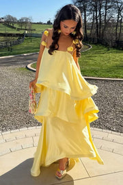 Yellow Straps A-Line Ruffles Satin Sleeveless Formal Prom Dress with Flower