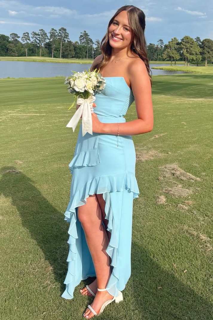 Blue Strapless Sleeveless Ruffles Chiffon Prom Dress with Slit