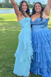 Blue Strapless Sleeveless Ruffles Chiffon Prom Dress with Slit