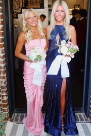 Pink Strapless Pleats Sleeveless Twist Satin Formal Prom Dress