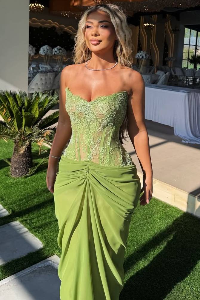Charming Green Strapless Pleats Chiffon Prom Dress with Appliques