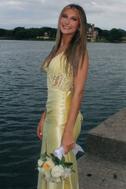 Yellow Spaghetti Straps V-Neck Mermaid Prom Dress with Appliques