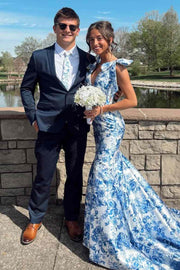 Gorgeous Straps V-Neck Print Mermaid Floral Prom Dress with Train