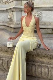 Halter Deep V-Neck Pleats Sleeveless Mermaid Satin Long Prom Dress
