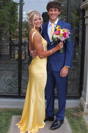 Yellow One Shoulder Sleeveless Backless Satin Long Prom Formal Dress