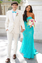 Exquisite Strapless Mermaid Sleeveless Lace Long Prom Dress