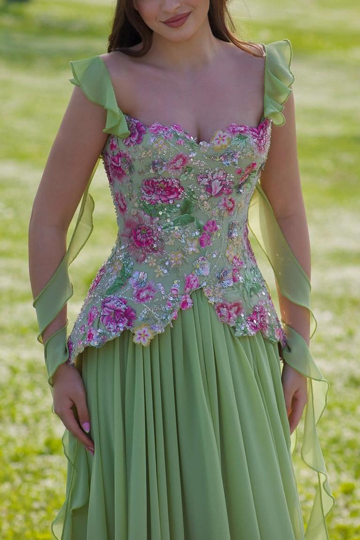Green A-Line Straps Appliques Empire-Waist Pleated Long Prom Dress