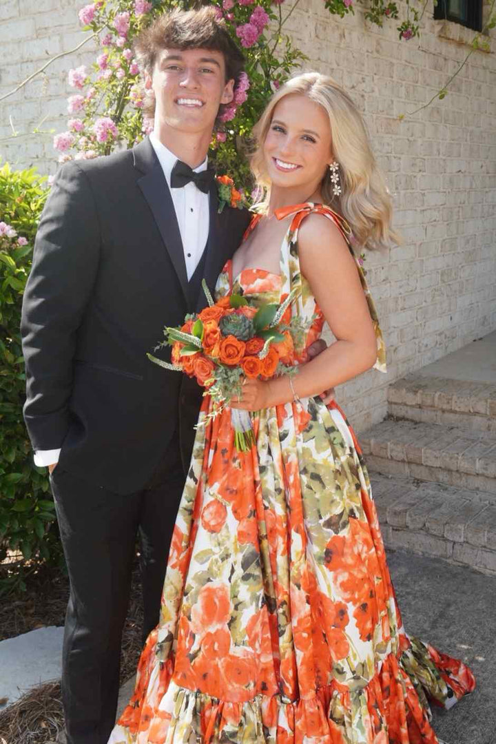 Stunning A-Line Straps Empire-Waist Print Sleeveless Long Prom Dress