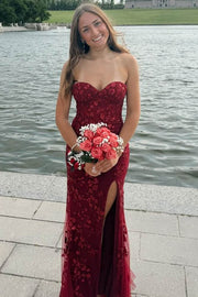 Burgundy Strapless Sweetheart Lace Appliques Prom Dress with Slit