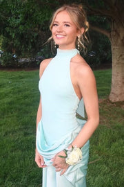 High Neck Sleeveless Satin Pleats Fitted Long Formal Prom Dress