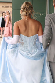 Elegant Blue A-Line Strapless V-Neck Empire-Waist Prom Dress with Appliques