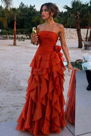 Strapless Scoop Neck A-Line Empire-Waist Ruffles Long Prom Dress