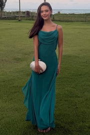 Green Spaghetti Straps Cowl Neck Side Slit Long Formal Prom Dress