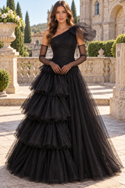 Mature Black One Shoulder A-Line Tiered Tulle Evening Prom Dress