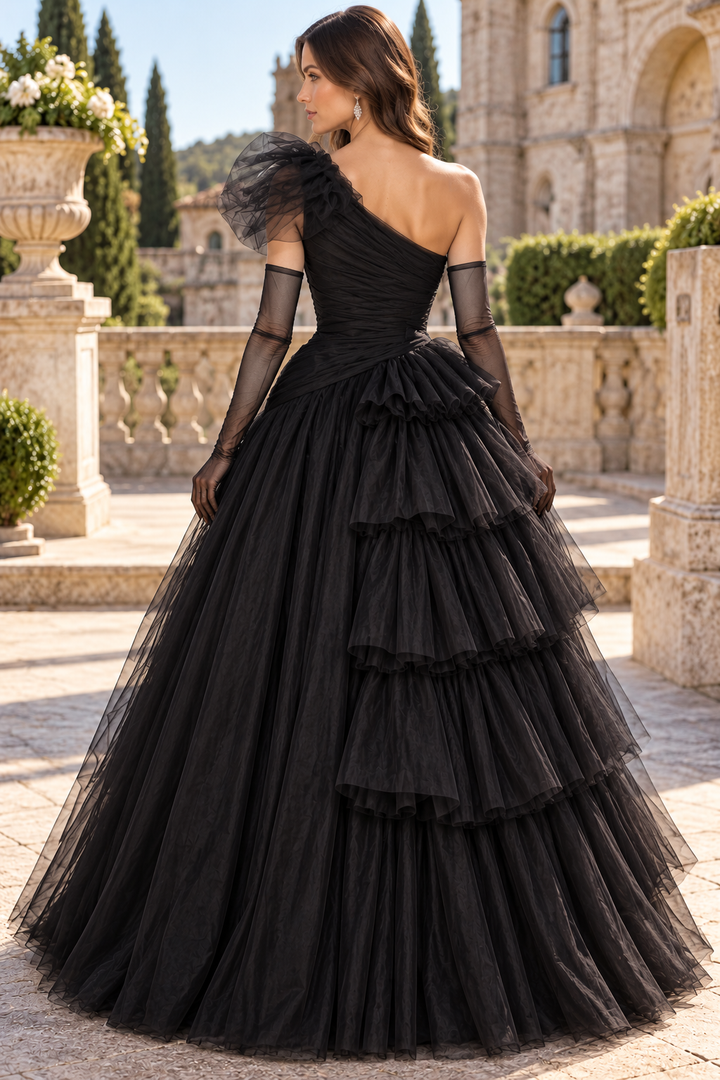 Mature Black One Shoulder A-Line Tiered Tulle Evening Prom Dress
