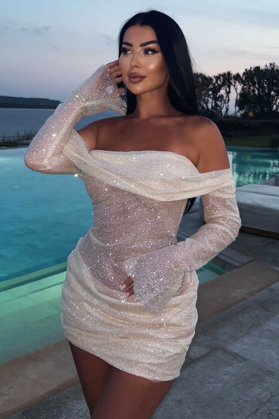 Mature Long Sleeves Off-Shoulder Pleats Glitter Short Homecoming Party Dress