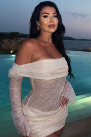 Mature Long Sleeves Off-Shoulder Pleats Glitter Short Homecoming Party Dress