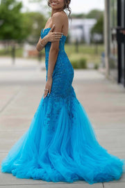 Strapless Sweetheart Appliques Mermaid Tulle Long Prom Dress