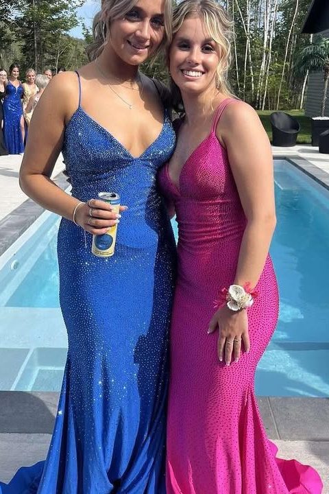 Spaghetti Straps V-Neck Rhinestone Mermaid Sleeveless Prom Dress