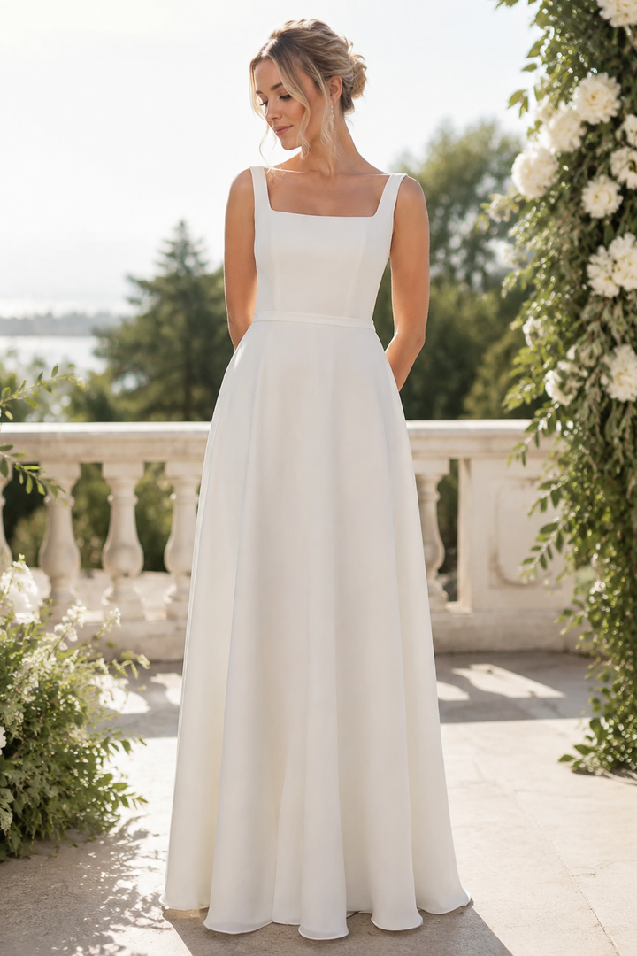 Minimalist Square Neck Satin A-Line Wedding Dress with Elegant Silhouette
