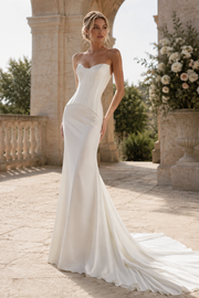 Minimalist Strapless Corset Fit and Flare Satin Wedding Dress with Train