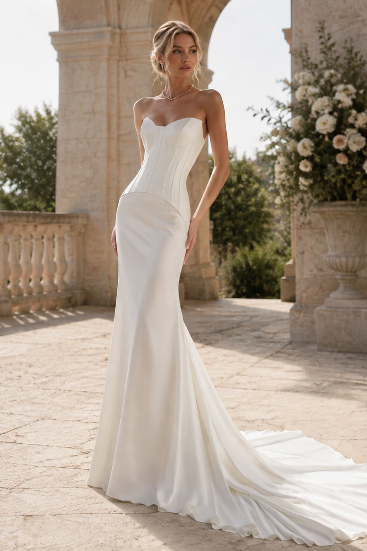 Minimalist Strapless Corset Fit and Flare Satin Wedding Dress with Train