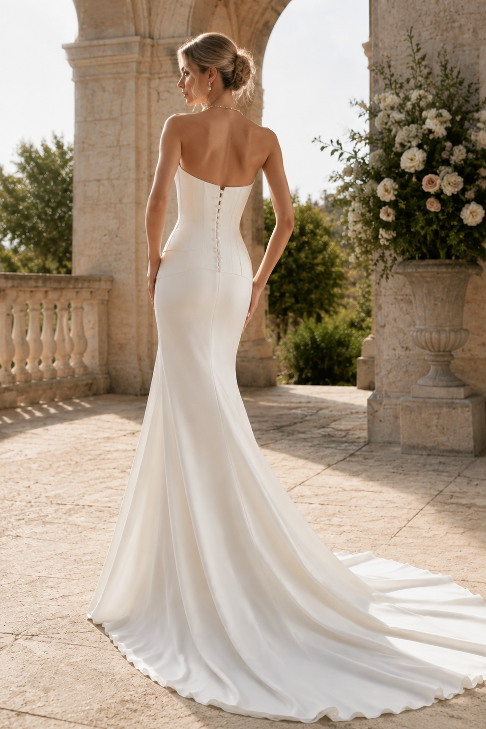 Minimalist Strapless Corset Fit and Flare Satin Wedding Dress with Train
