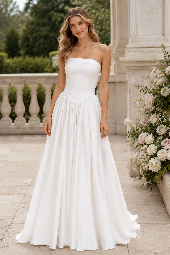 Minimalist Strapless Satin A-Line Wedding Dress with Clean Modern Silhouette