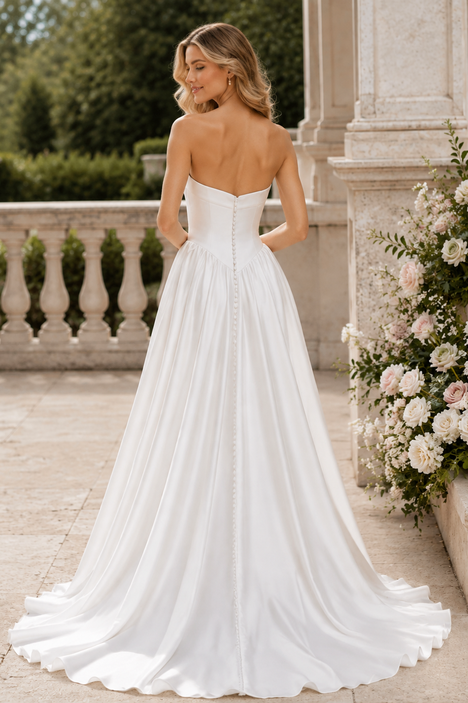 Minimalist Strapless Satin A-Line Wedding Dress with Clean Modern Silhouette