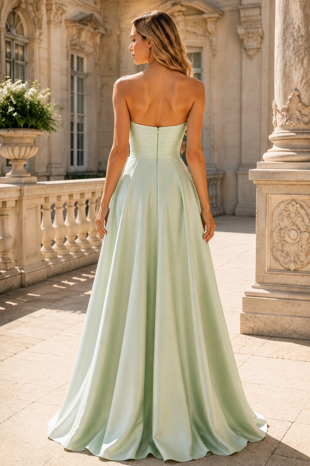 Mint Strapless A-Line Twist Satin Pleats Long Formal Prom Dress