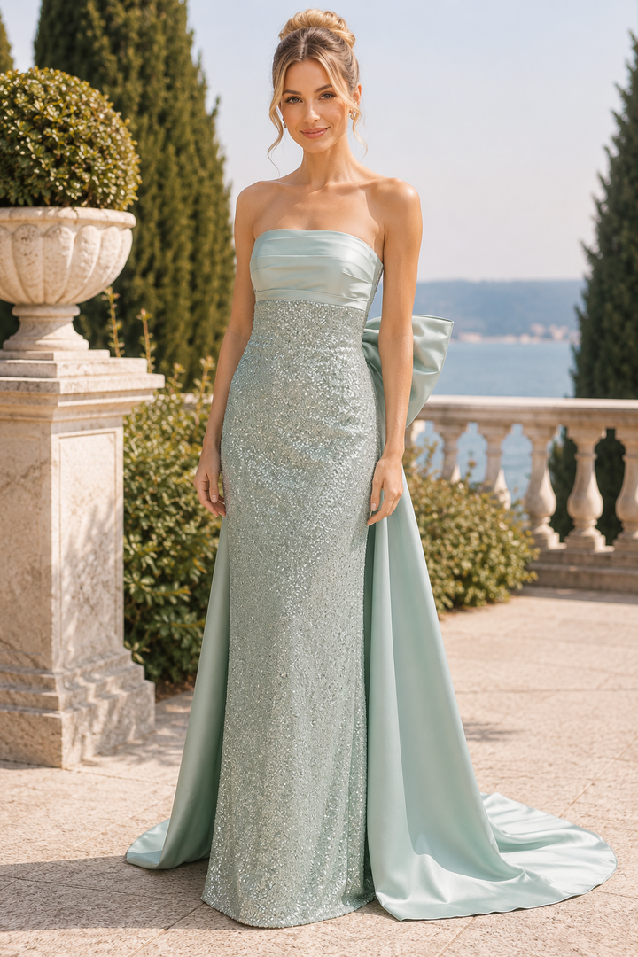 Mint Strapless Sequined Scoop Neck Big Bow Prom Dress with Train