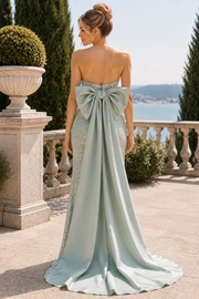 Mint Strapless Sequined Scoop Neck Big Bow Prom Dress with Train