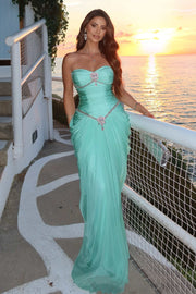 Mint Strapless Sweetheart Chiffon Beads Long Prom Evening Dress