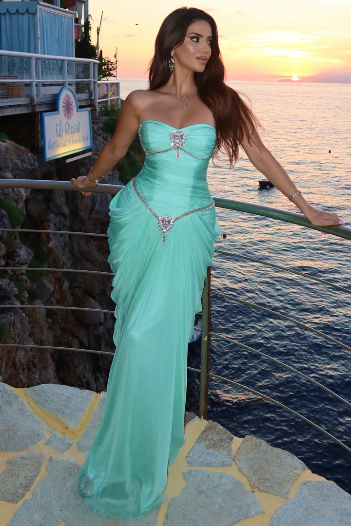 Mint Strapless Sweetheart Chiffon Beads Long Prom Evening Dress
