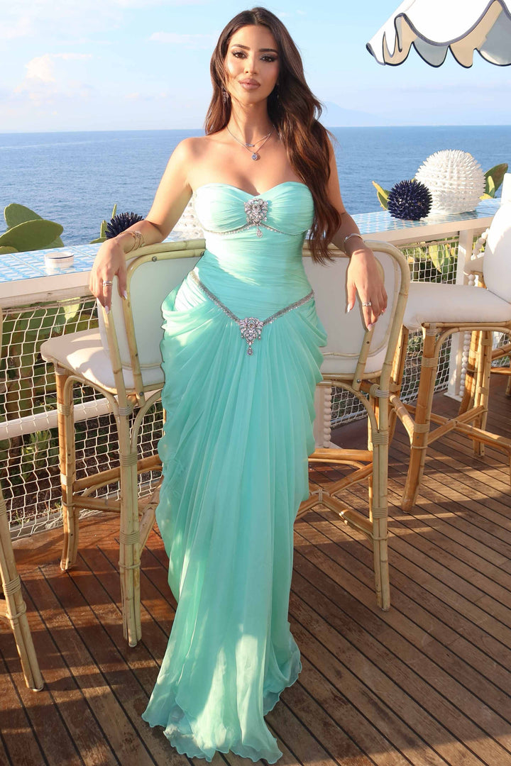 Mint Strapless Sweetheart Chiffon Beads Long Prom Evening Dress