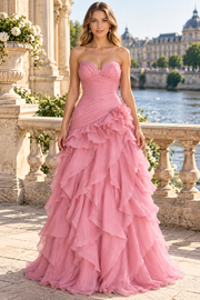 Modern A-Line Strapless V-Neck Ruffles Sleeveless Long Prom Evening Dress