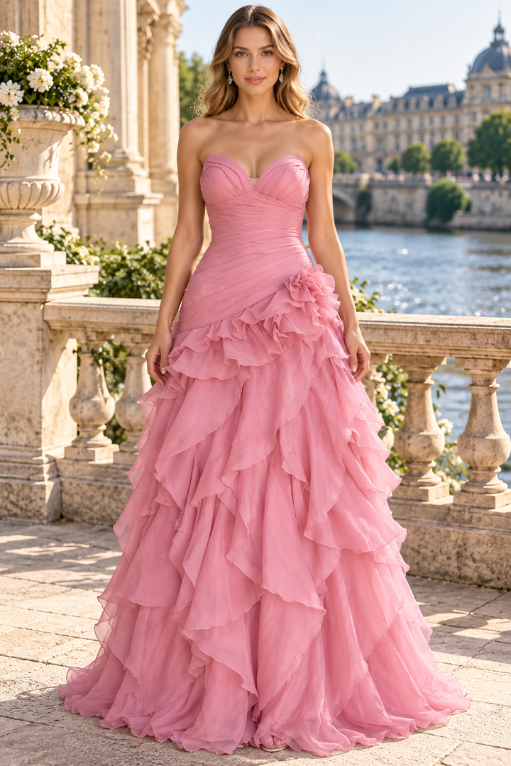 Modern A-Line Strapless V-Neck Ruffles Sleeveless Long Prom Evening Dress