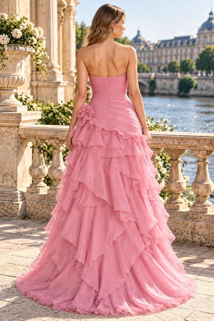 Modern A-Line Strapless V-Neck Ruffles Sleeveless Long Prom Evening Dress