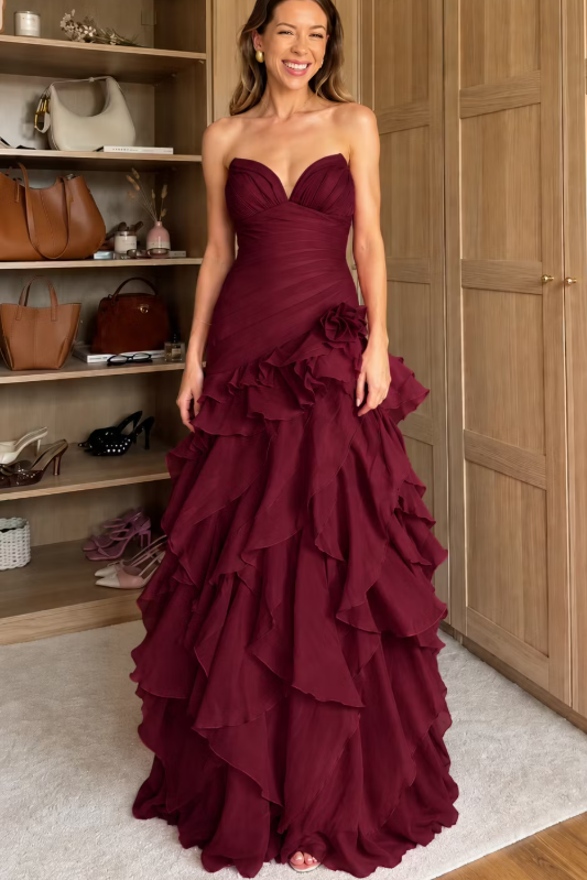 Modern A-Line Strapless V-Neck Ruffles Sleeveless Long Prom Evening Dress