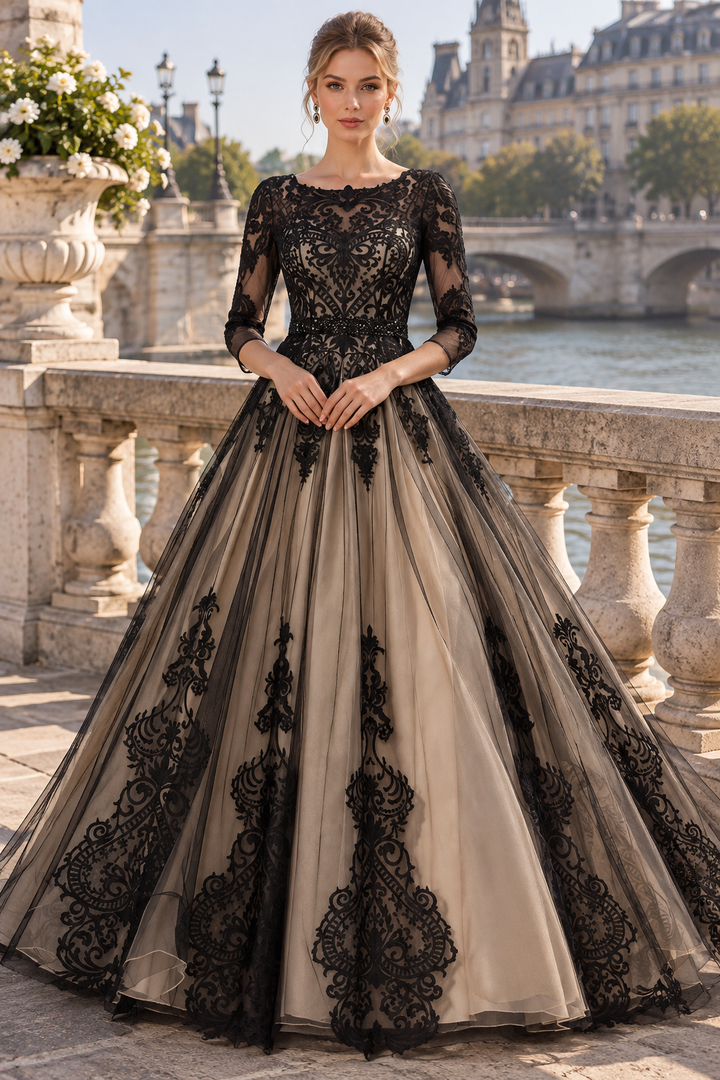 Modern Black A-Line Long Sleeves Lace Appliques Empire-Waist Prom Evening Dress