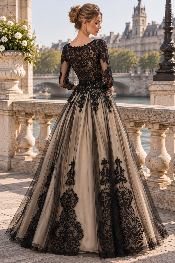 Modern Black A-Line Long Sleeves Lace Appliques Empire-Waist Prom Evening Dress