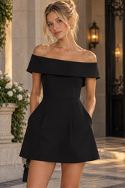 Modest Black Off-Shoulder A-Line Satin Homecoming Mini Dress