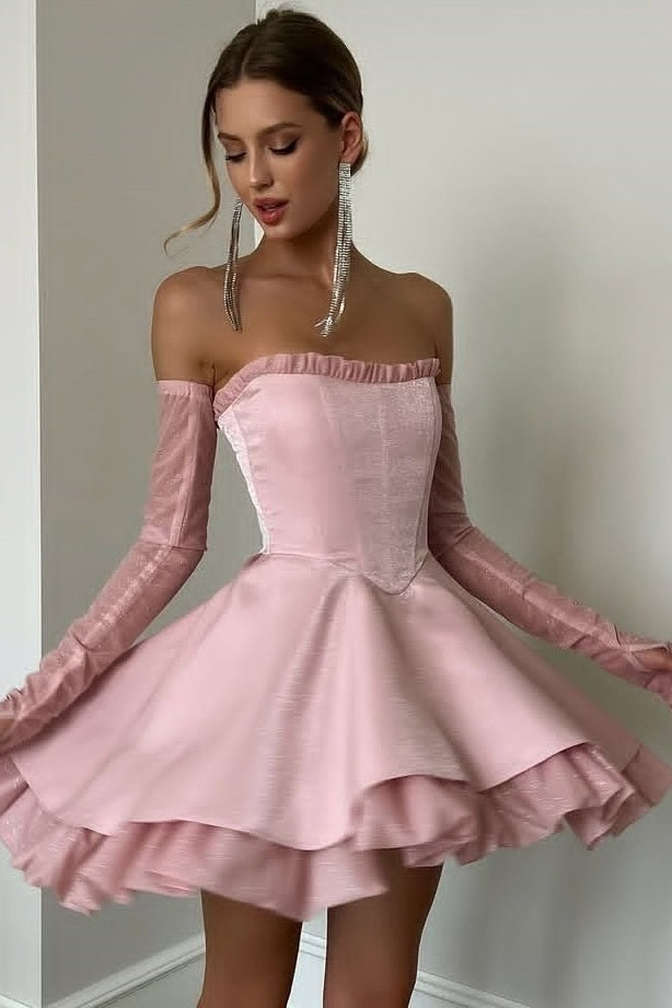 Modest Pink A-Line Strapless Empire-Waist Puffy Short Homecoming Party   Modsele