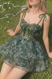 Modest Spaghetti Straps A-Line Tiered Print Sweetheart Homecoming Summer Dress