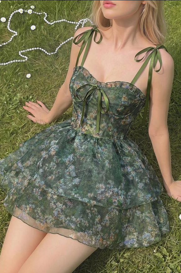 Modest Spaghetti Straps A-Line Tiered Print Sweetheart Homecoming Summer Dress