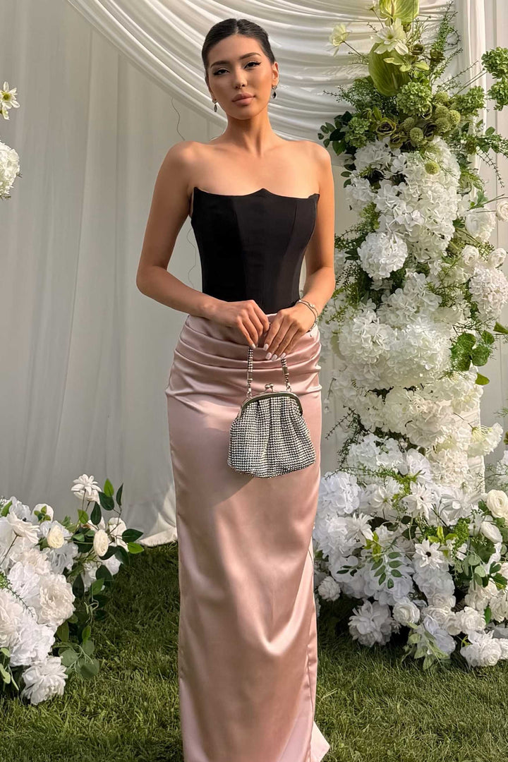 Modest Strapless Pleats Satin Sheath Formal Prom Dress